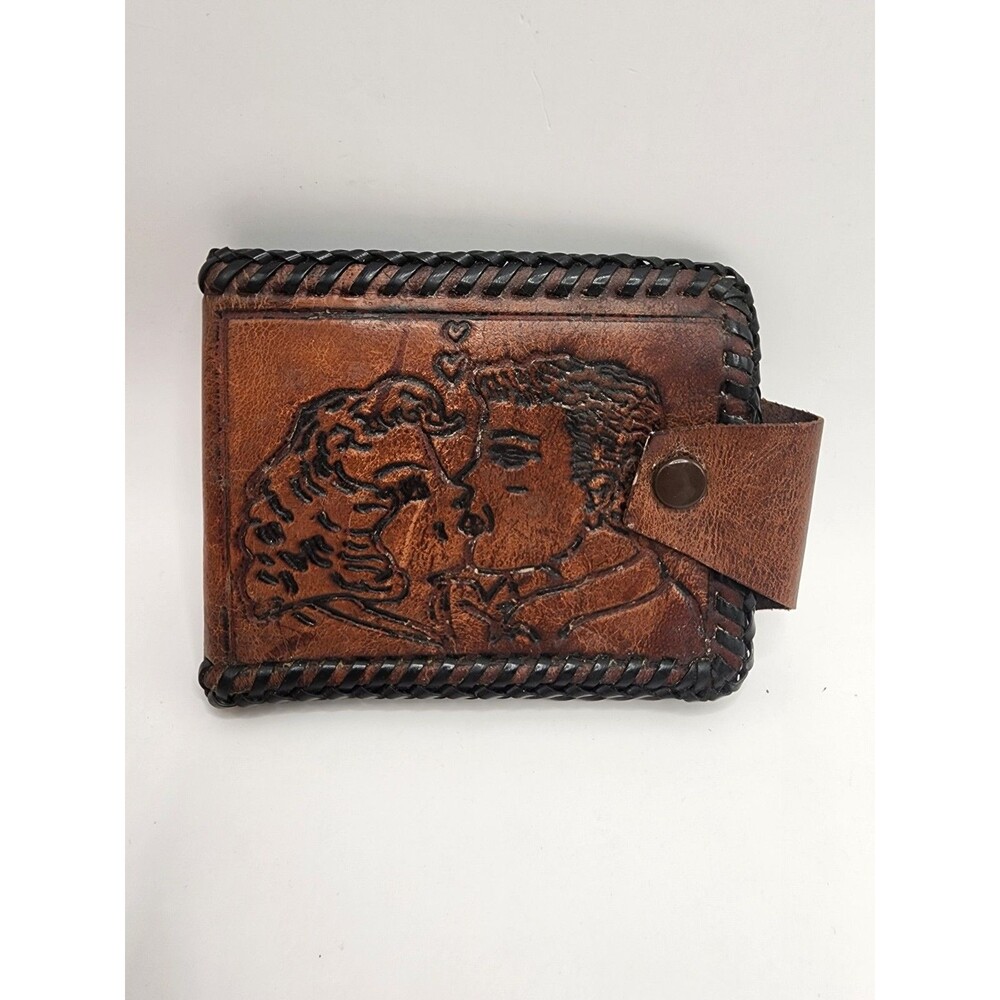 Vintage Western Tooled Leather Wallet Whipped Stitched Edge Kissing Couple
